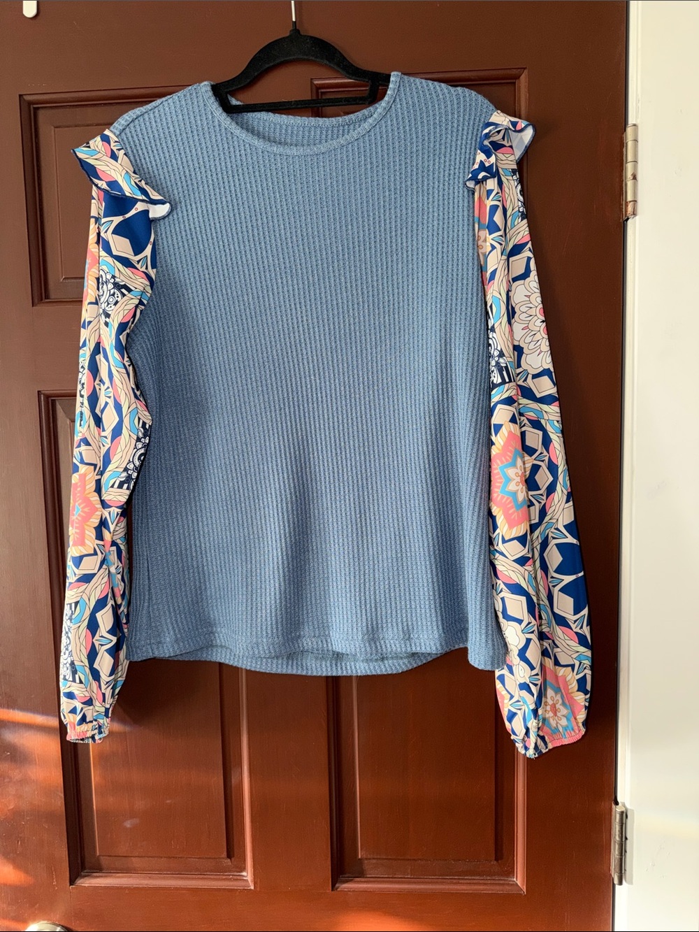 Sky Blue Knit Top with Printed Floral Sleeves - Women's